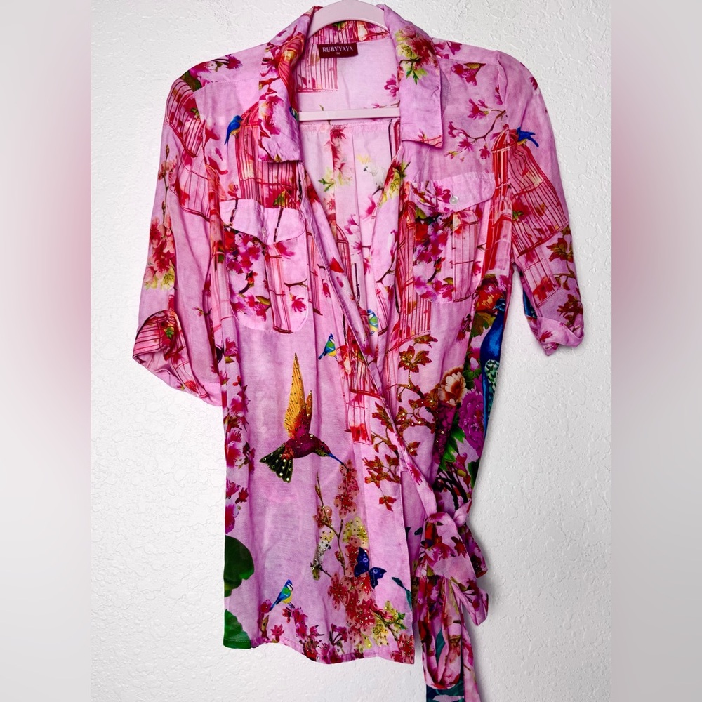 Ruby Yaya Women’s Wrap Top Pink Bird Print Crystal Embellished Size Medium